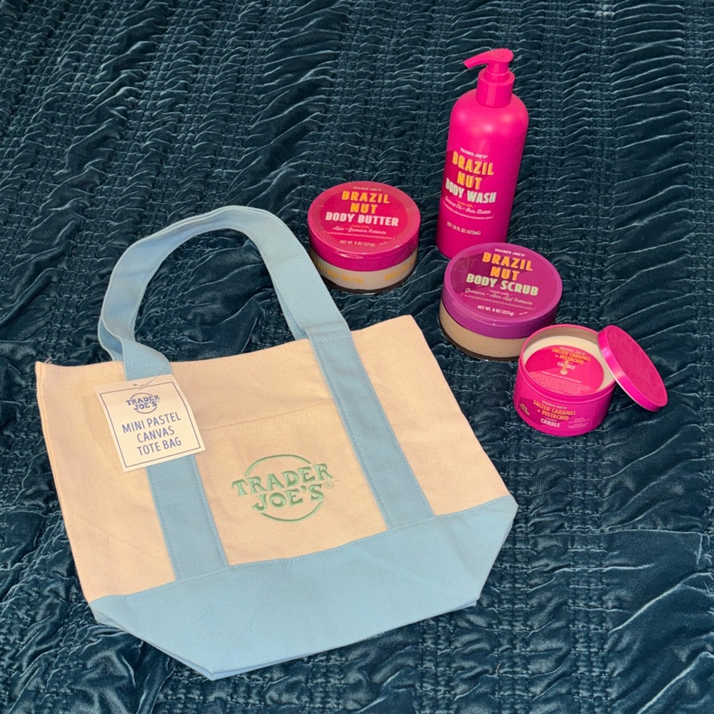 Trader Joe’s Brazil Nut Gift Set- 5 items incl blue & green canvas tote